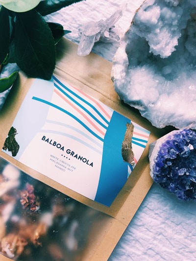 Balboa Granola packaging surrounded by geodes